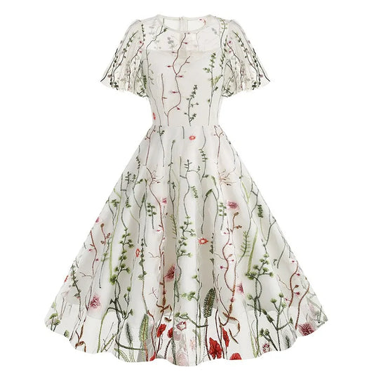 Women Fashion Embroidered Short Sleeve Mesh Dress Summer Bohemian Floral A-Line Flowy Dress Cocktail Party Dresses Vestidos