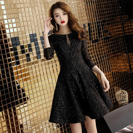 Black Cocktail Dress Half Sleeve Sequined Robe Cocktail Gown Solid Cut-out Illusion Short Cocktail Dresses