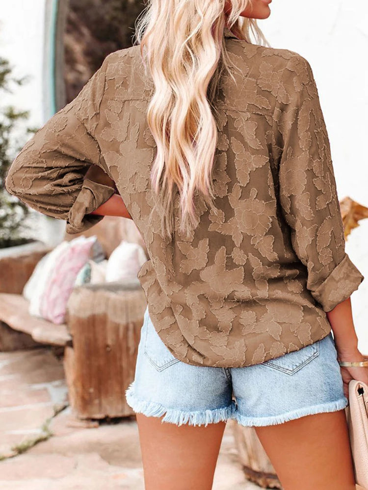 White Jacquard Chiffon Blouse Women Spring Summer Long Sleeve Button Shirts Elegant Vintage Casual See Through Oversize Blouses