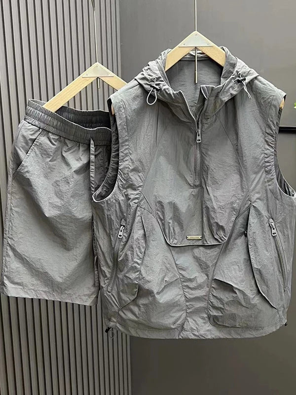 Men's Casual Lightweight Vest orts Two-Piece Set Summer Hat Faion Sun Protection Polyester Fiber Thin Sle Commuting