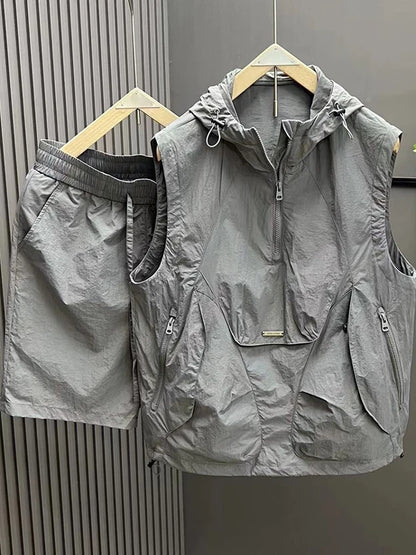 Men's Casual Lightweight Vest orts Two-Piece Set Summer Hat Faion Sun Protection Polyester Fiber Thin Sle Commuting