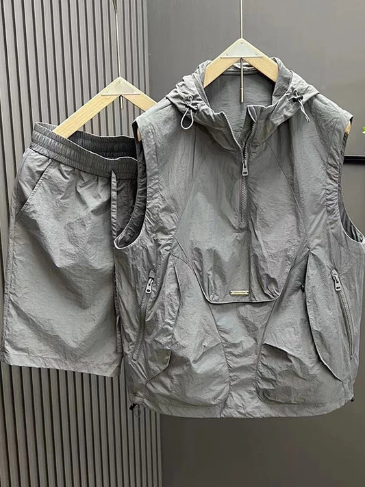 Men's Casual Lightweight Vest orts Two-Piece Set Summer Hat Faion Sun Protection Polyester Fiber Thin Sle Commuting