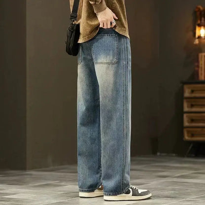 American Retro Waed Denim Jeans Men's Trendy High Street Loose Straight Leg Dra Wide Leg Pants Spring Autumn Casual Lon...