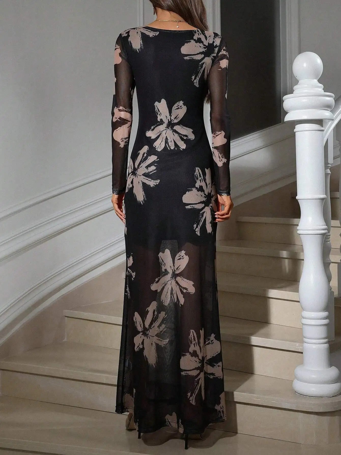 Elegant Sheer Floral Print Long Dress with Waist-Cinching Fit and High Slit