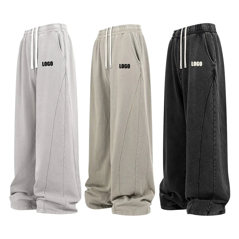 Custom LOGO men's autumn and winter new 400G pure cotton fried snowflake washing water old trousers splicing sweatpants