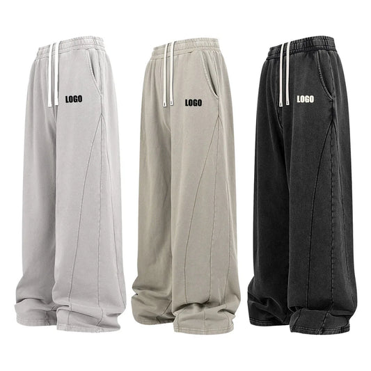 Custom LOGO men's autumn and winter new 400G pure cotton fried snowflake washing water old trousers splicing sweatpants