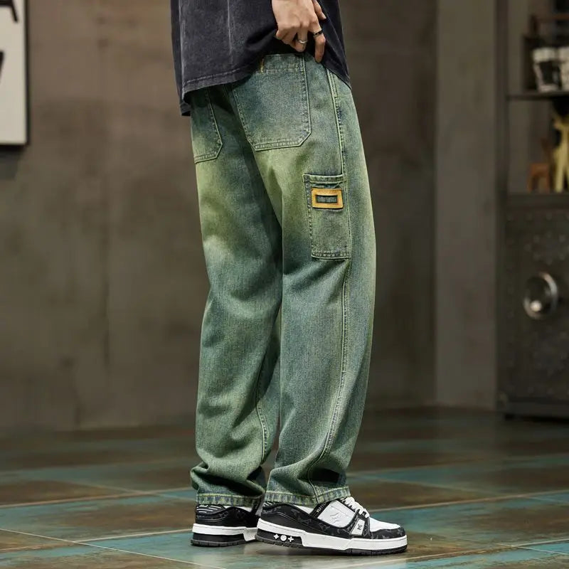 American Vintage Hip Hop High Street Summer Jeans Men's Solid Button Zipper Pockets Fashion Casual Loose Cowboy Straight Pants