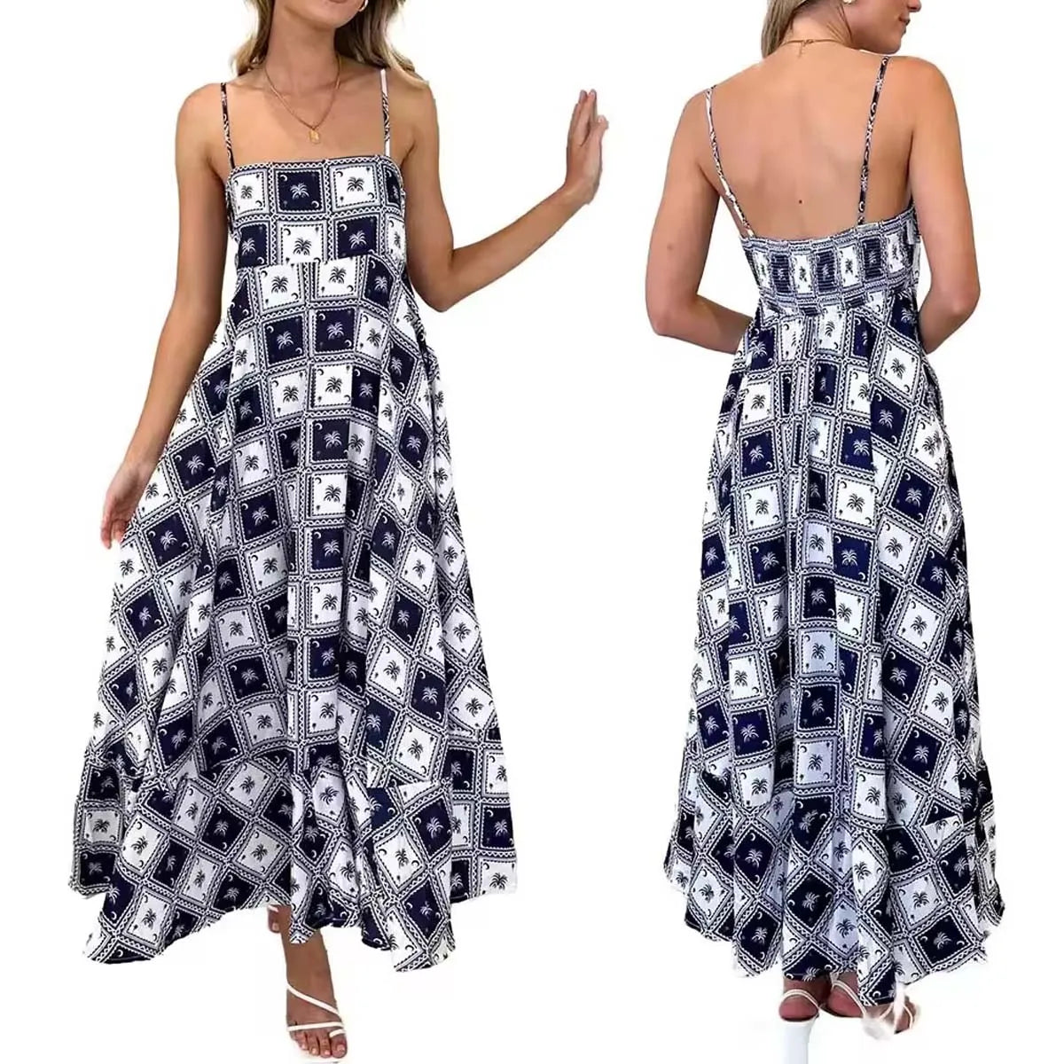 2025 Backless Print Sundress Strapless Boho Maxi Dress