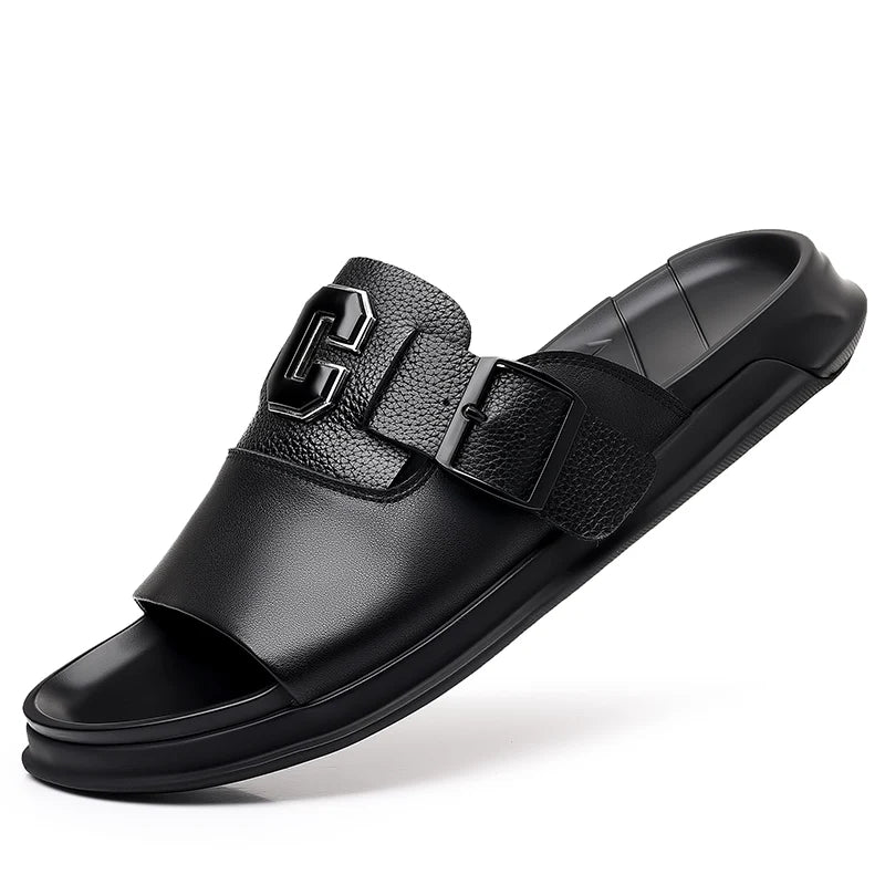 Men's Genuine Leather Non-Slip Breathable Slippers  Male Simple Soft-Soled Beach Shoes Outdoor Comfortable Walking Roman Sandals