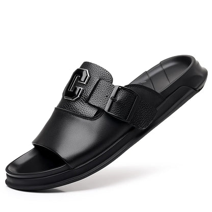 Men's Genuine Leather Non-Slip Breathable Slippers  Male Simple Soft-Soled Beach Shoes Outdoor Comfortable Walking Roman Sandals
