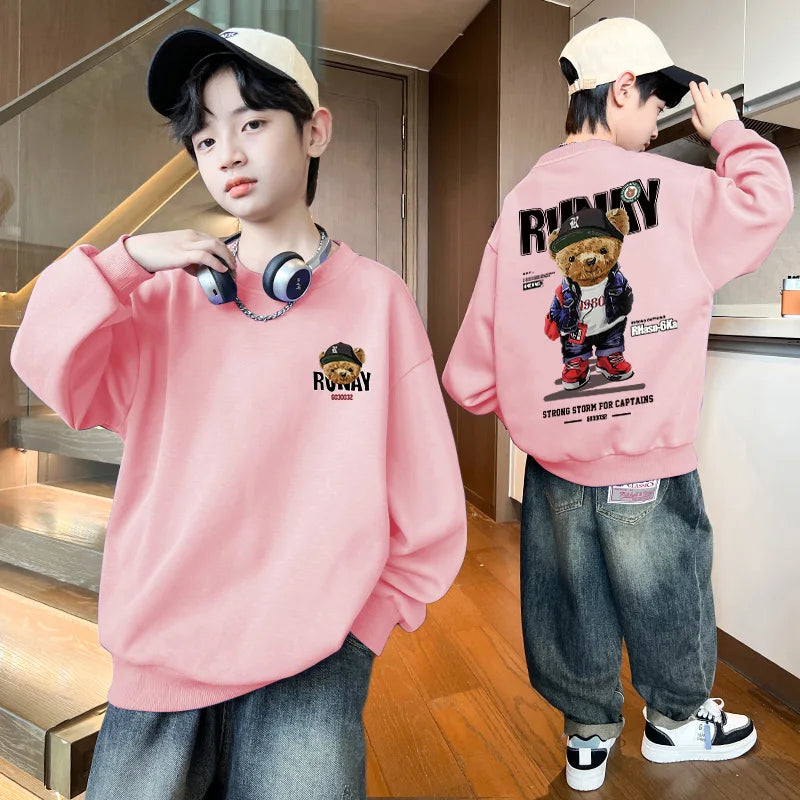 Boys Cartoon Bear Sweatshirts Loose Sports Round Neck Tops New Spring Autumn Clothing Toddler Trendy Printed Long-sleeved Hoodie