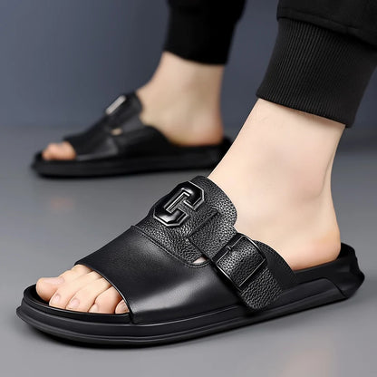 Men's Genuine Leather Non-Slip Breathable Slippers  Male Simple Soft-Soled Beach Shoes Outdoor Comfortable Walking Roman Sandals