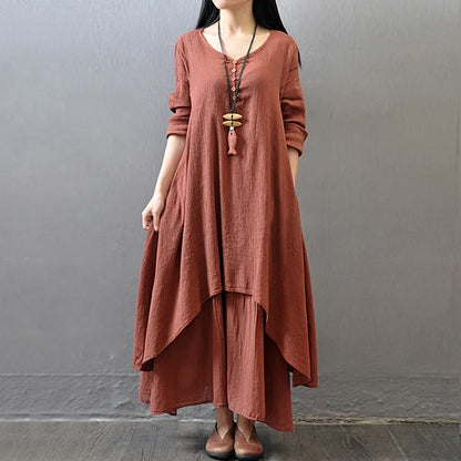 Loose Long Sve Cotton Linen Skirt Women's Artistic Sle Loose Fit Maxi Skirt Summer Casual V-ne A-line Dr