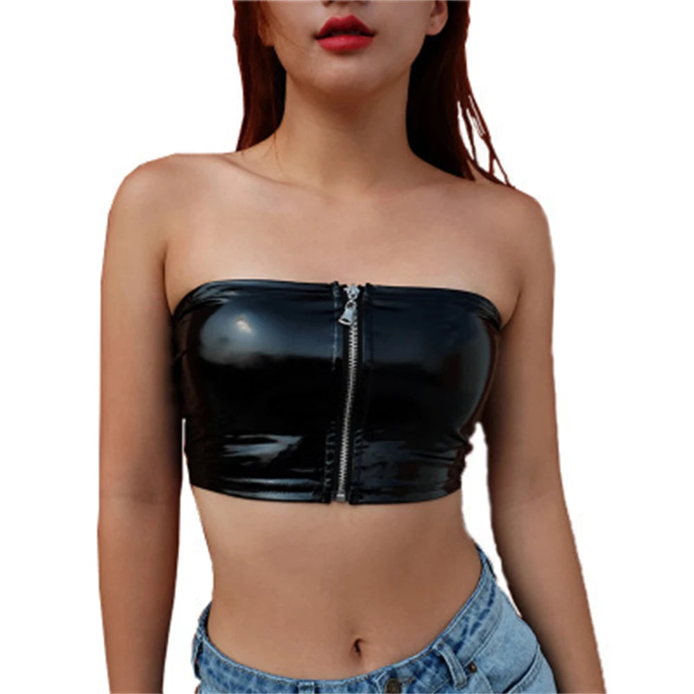 Women's Sexy Pu Crop Vest Black Leather PVC Shiny Zipper Navel Bandeau Bra Tube Bandage Bralet Crop Tank Top Bralette Bustier