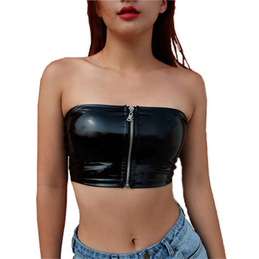 Women's Sexy Pu Crop Vest Black Leather PVC Shiny Zipper Navel Bandeau Bra Tube Bandage Bralet Crop Tank Top Bralette Bustier