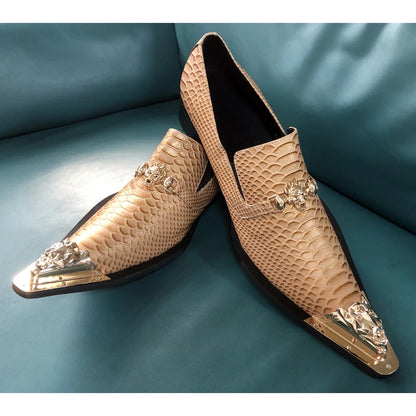 brown business dress men's shoes black snake embossed Genuine leather shoes dragon head pointed party Trend wedding shoes