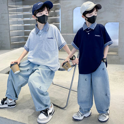 Boys Summer Clothing Set Children Short-Sleeve Polo Shirt Top+ Denim Pants Two-Piece Set 2025 New