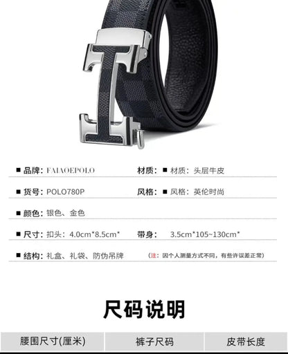 Check Pattern Leather Belt Automatic Buckle Young Fashion Casual Belt Trendy Ins Top Grain Cowhide High End Business