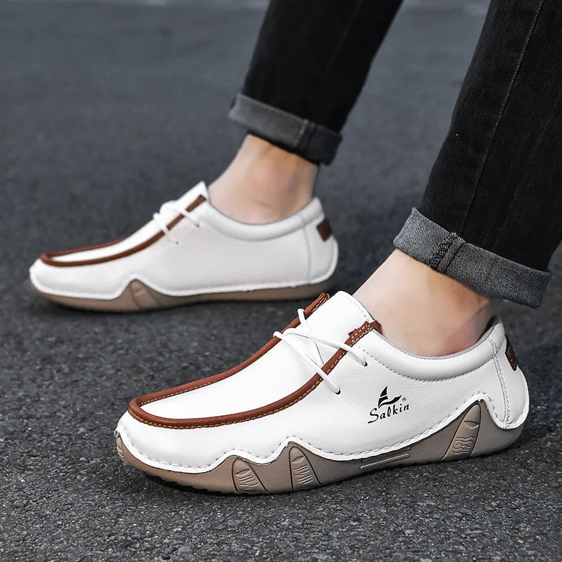New Autumn Handmade Leather Casual Men Shoes Design Fashion Sneakers Man Loafers Breathable Low Top Flat Shoes Driving