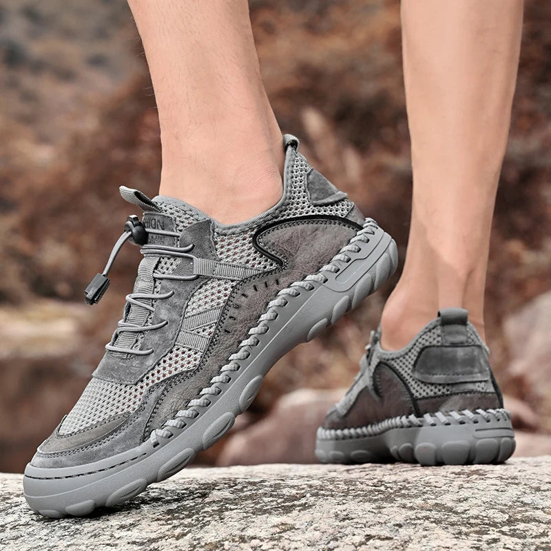 New Summer Genuine Leather Breathable Leather Sandals for Men, Mesh Sports Shoes, Non-Slip Mesh Shoes, Hiking Men's Casual Shoes