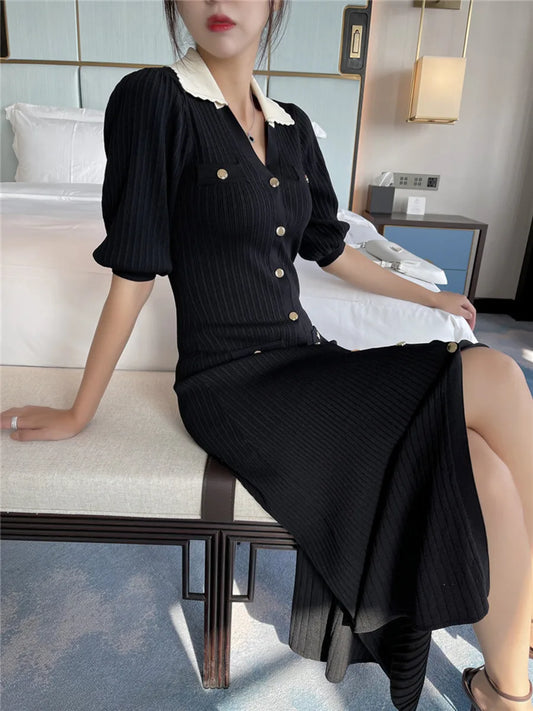2024 Summer New Korean Style Slim Fit Long Knitted Dress Single Breasted Short Sleeved Fashion Knit Dresses For Women