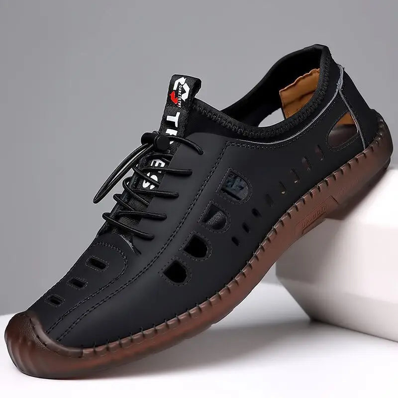 Men's Low-Top Breathable Leather Shoes Spring New Style Casual Soft Bottom Versatile Hollow out Design Comfortable All-Match