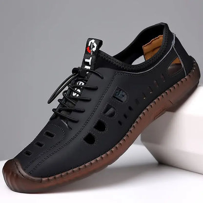 Men's Low-Top Breathable Leather Shoes Spring New Style Casual Soft Bottom Versatile Hollow out Design Comfortable All-Match