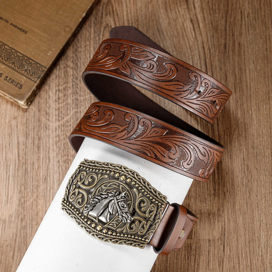 The hollowed-out lace horse-head large board buckle PU embossed belt is a trendy, fashionable and versatile belt