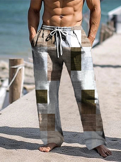 Plaid Color Block Men's Resort 3D Printed Casual Pants Trousers Elastic Waist Fit Straight-Leg Pant Summer Beach Pants 6XL