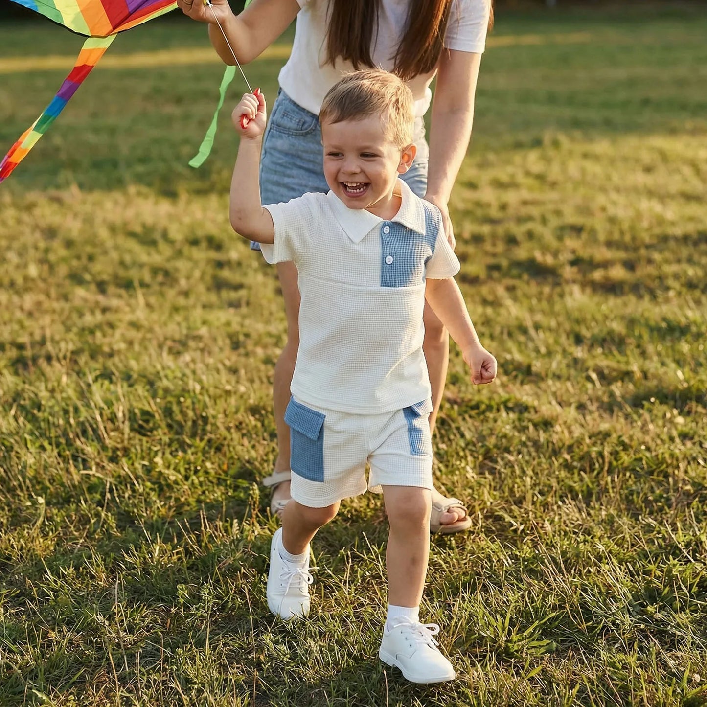 Toddler Baby Boy Summer Outfit Contrast Short Sleeve Collared Shirts Cargo Shorts 2 Piece Boys Waffle Clothing Set