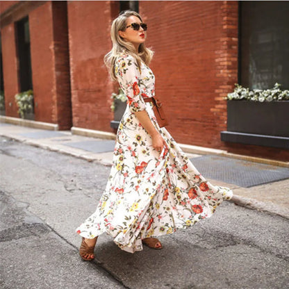 Spring Summer Vintage Flower Floral Print Maxi Dress Office Lady Fashion Elegant Long Sleeve O-neck Dresses For Women 2024