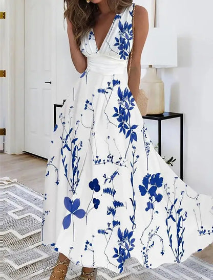 Summer Women Dress Fashion Sexy V-Neck Sleeveless Higt Waist Long Dresses Elegant Office Printing Holiday Party Dress Vestidos
