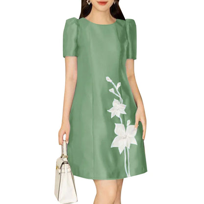 ZANZEA Korean Fashion Women A-line Robe Elegant Satin O Neck Short Sleeve Knee-length Dress Floral Printed Casual Party Vestidos