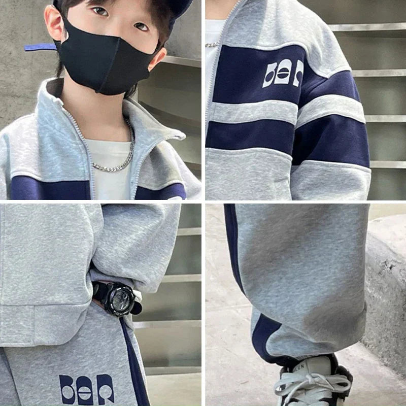 Fashion Boys Clothing Set Spring Autumn Patchwork Zipper Coat Pants 2Pcs For 4-12 Years Kids Tracksuits Teenager Casual Outfits