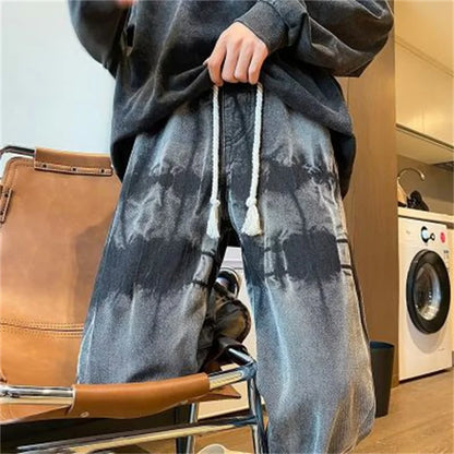 2026 New Tie Dye Retro Drawstring Jeans For Men Baggy High Street Straight Pants Hip Hop Fashion Casual y2k jean hombre pantalon