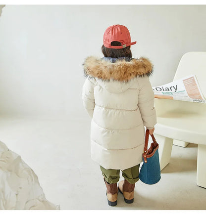 Winter Girls Down Jacket Keep Warm Fur Collar Fashion Little Princess Coat Hooded Boys Long Parkas Outerwear Children Clothing
