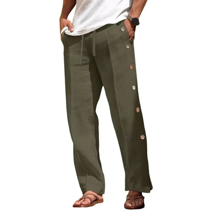 Men Casual Pants Loose Side Pockets Drawstring Elastic Waist Side Button Closure Quick-drying Beach Sweatpants Long Trousers