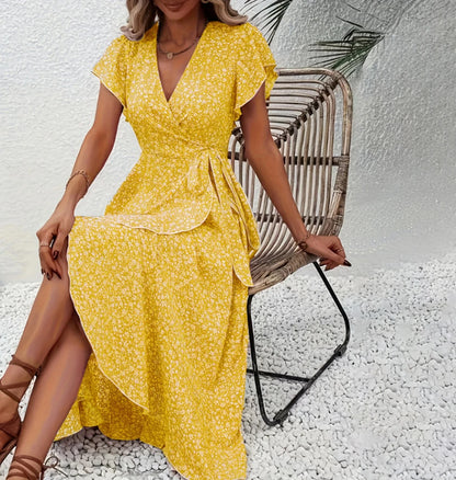 Women's Summer Flower Print Ruffle Dress Fashion Elegant Short Sleeve Wrap V Neck Tie Side Dresses