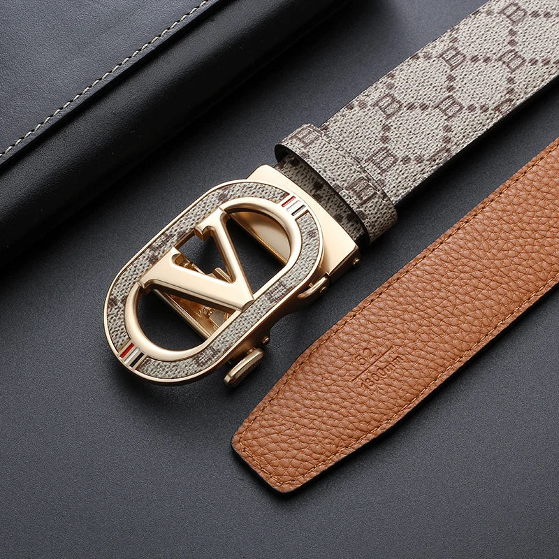 New Big "V" Automatic Buckle Men Belt, Fashionable Letter Buckle Waist Belt, Business Casual Leather Belt,Genuine Suit Belt