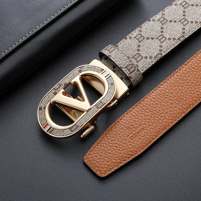 New Big "V" Automatic Buckle Men Belt, Fashionable Letter Buckle Waist Belt, Business Casual Leather Belt,Genuine Suit Belt