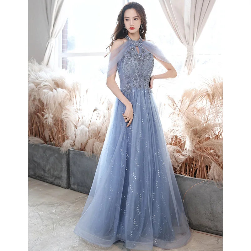 French Halter Off Shoulder Sequined Sparking Long Formal Evening Gown Blue