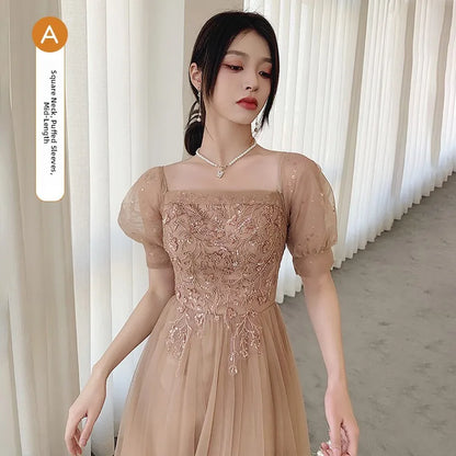 Champagne Color Maids Dr Long Sve Women's Sle Summer New Faion Simple Ele Long Silhouette Sister's up Gown