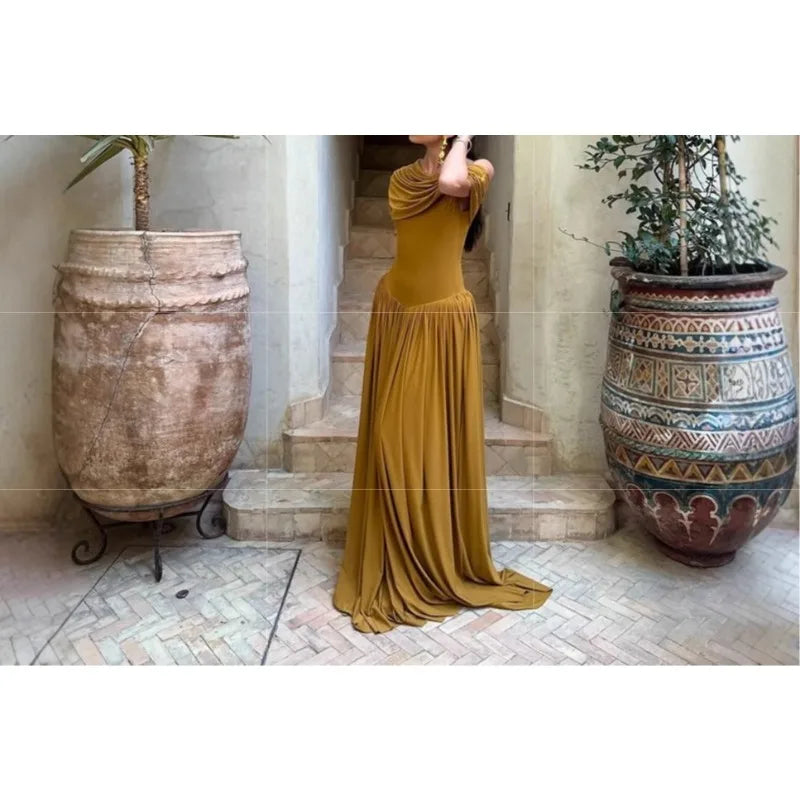 Retro One Shoulder Ruched Elegant Maxi Dress Women Sexy Half Sleeve Draped Party Dresses Lady Chic Holidays Evening Dress 2025