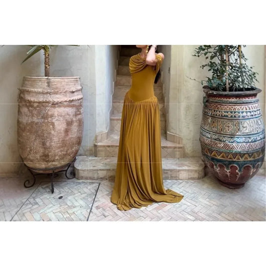 Retro One Shoulder Ruched Elegant Maxi Dress Women Sexy Half Sleeve Draped Party Dresses Lady Chic Holidays Evening Dress 2025