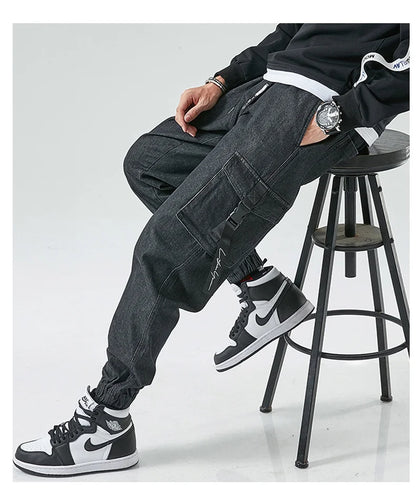 Men Joggers Cargo Denim Pants Baggy Harem Japanese Streetwear Styke Male Ankle Harajuku Casual Hip Hop Jeans Trousers Men