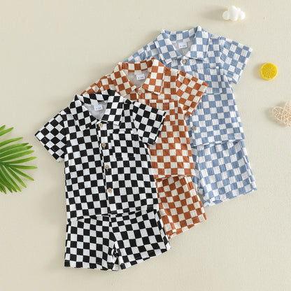 Toddler Baby Boys Summer Outfit Fashionable Plaid Short Sleeve Lapel Shirt with Shorts 2Pcs Set
