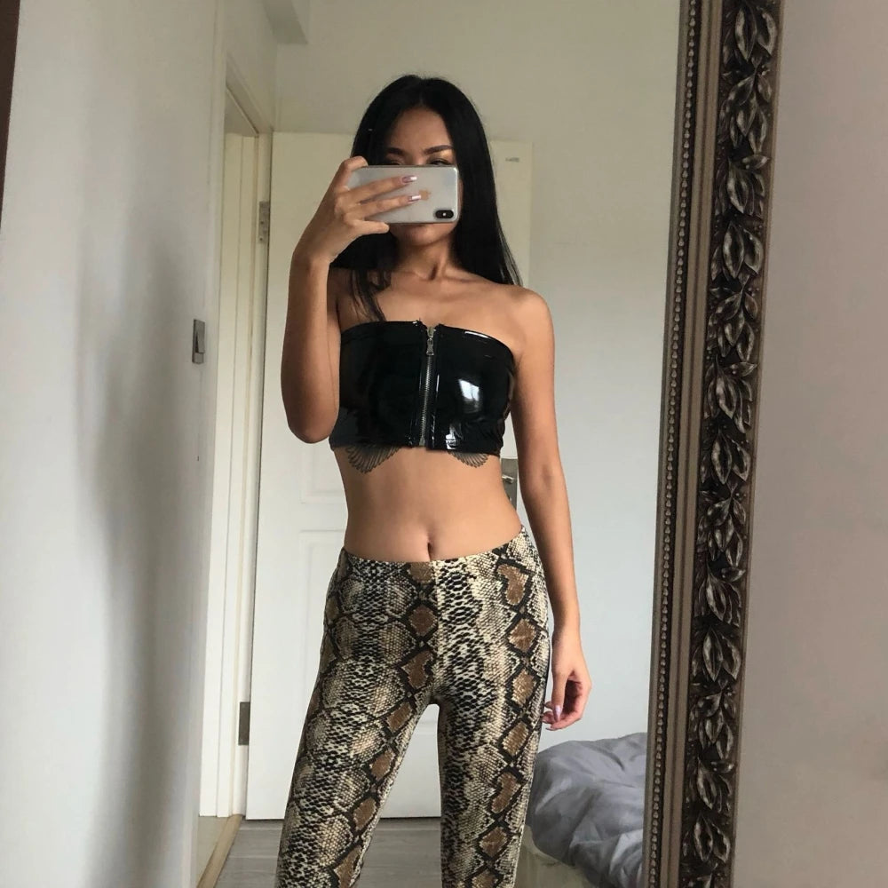 Women's Sexy Pu Crop Vest Black Leather PVC Shiny Zipper Navel Bandeau Bra Tube Bandage Bralet Crop Tank Top Bralette Bustier