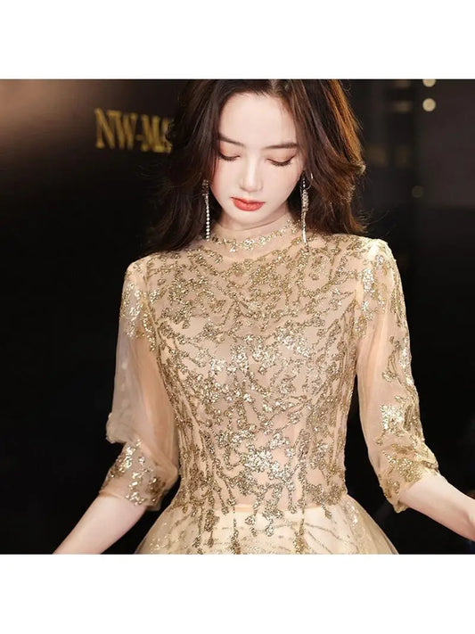 Ele Golden Evening Dr for Women Faionable Host Sle Midi Skirt Polyester Fabric Regular Sve mid Waist