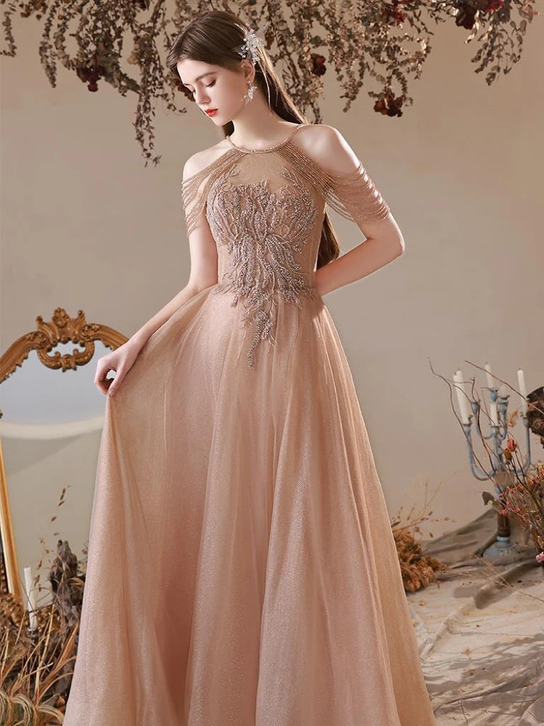 Elegant Champagne Gold Appliques Sleeveless Beaded Tassel Lace-Up A-Line Long Maxi Evening Gown Celebrity Wedding Party Dress
