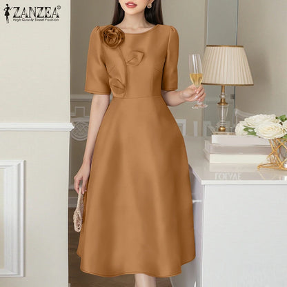 ZANZEA Elegant Woman Party Dresses Shiny Satin Round Neck Short Sleeve Fabric Flower A-line Robes Femme Fashion Midi Vestidos